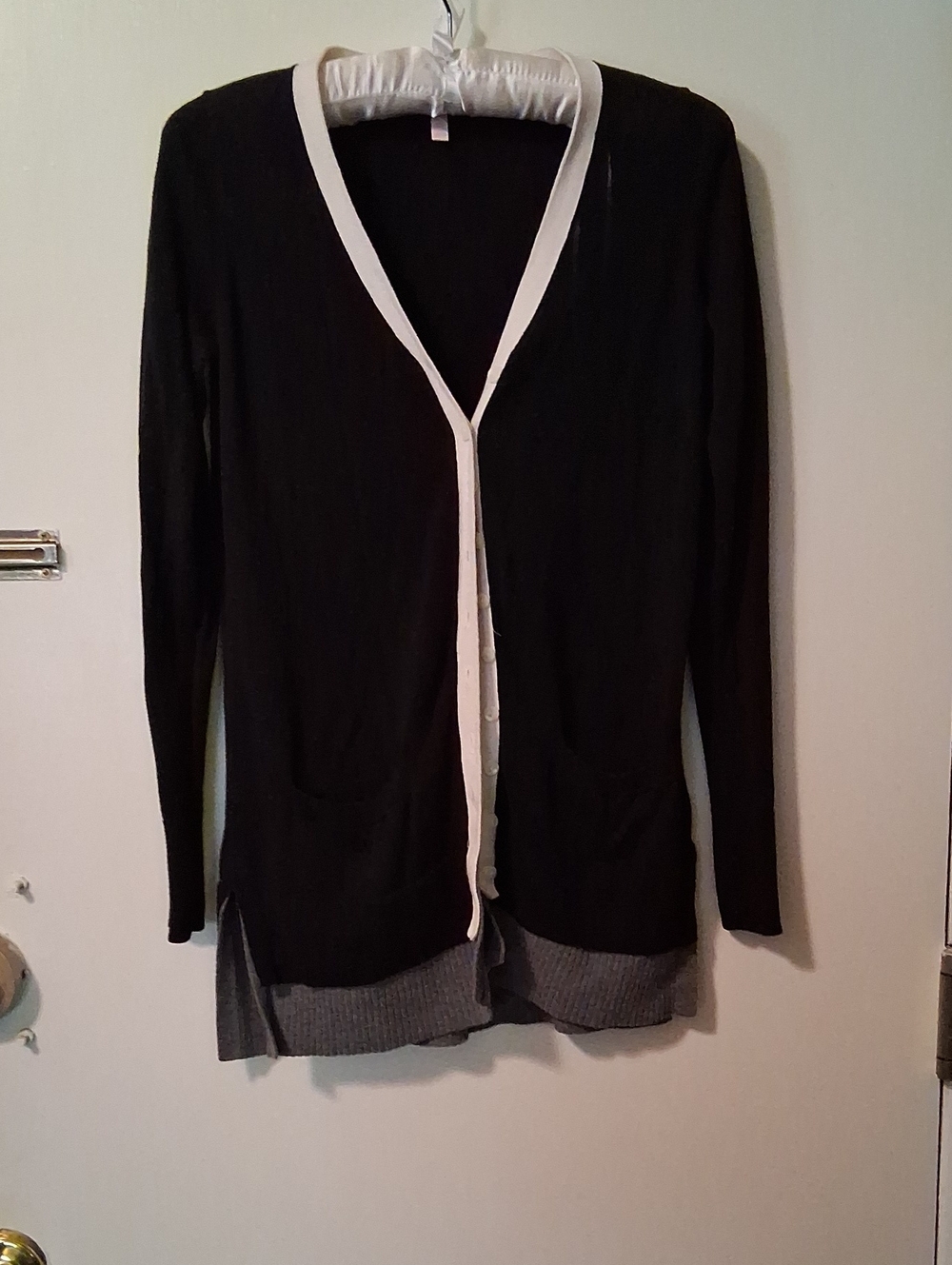 Victoria's Secret Black Cardigan Sweater with White And Grey Trim